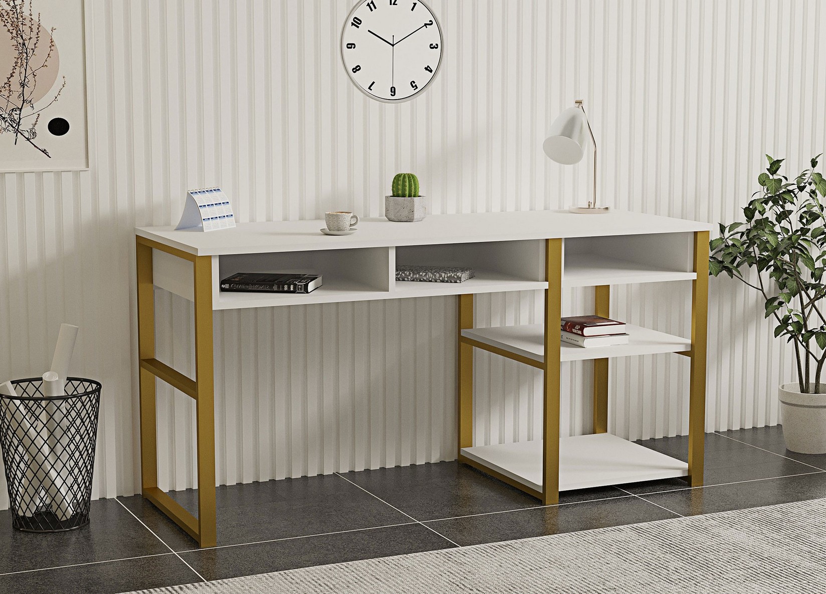 Биро Hanah Home 150x75.8x58.4 см бело-златно