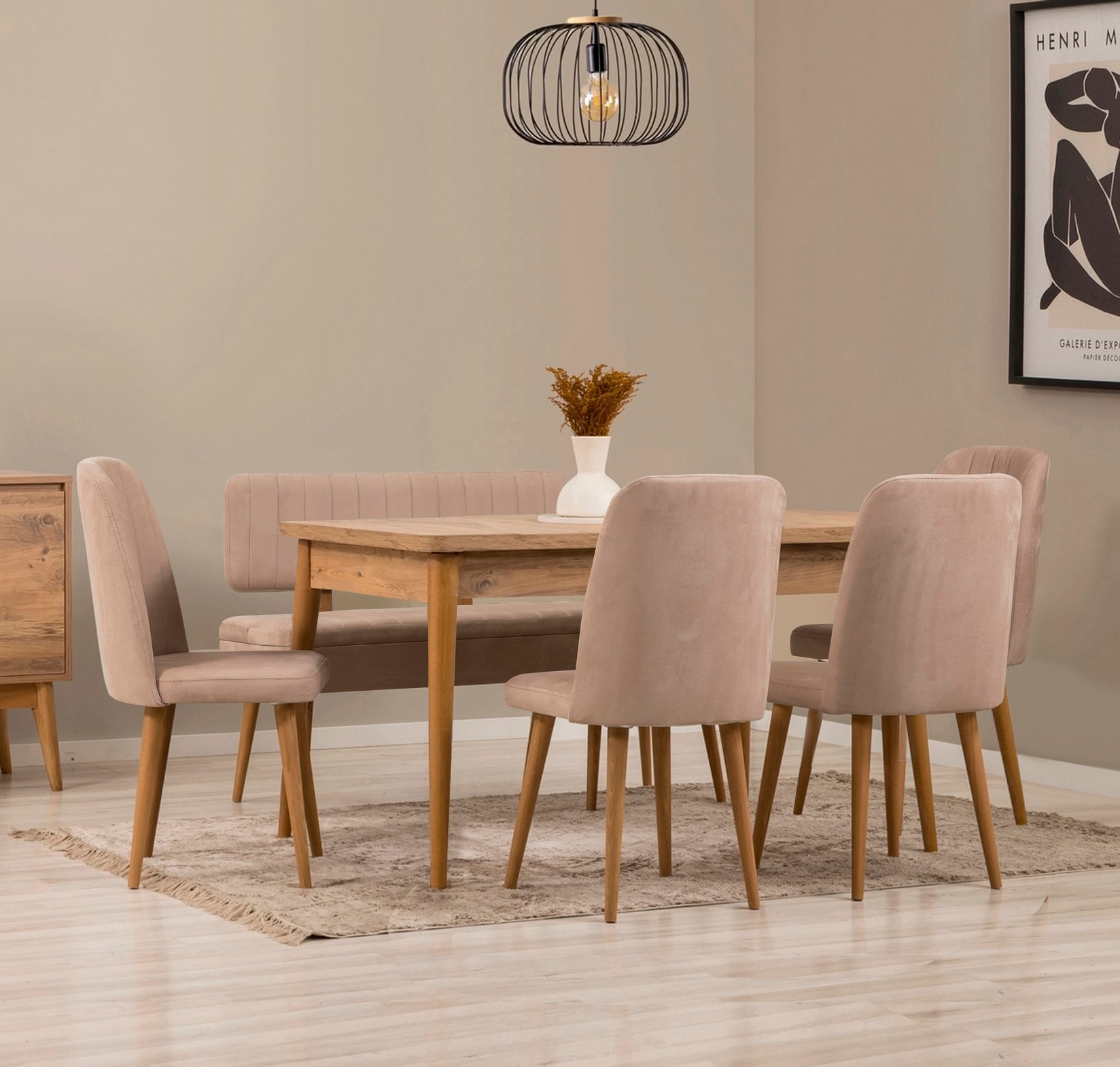 Hanah Home Комплет трпезариска маса, 4 трпезариски столчиња и клупа во боја на вино беж