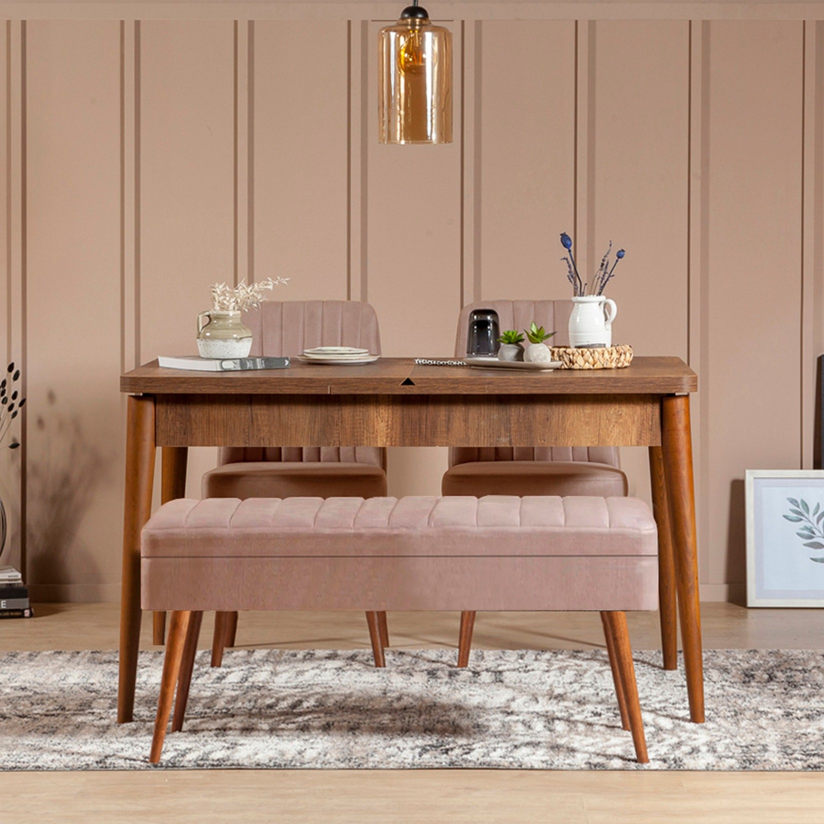 Hanah Home Комплет трпезариска маса, 2 трпезариски столчиња и клупа Vina 0701 Menta