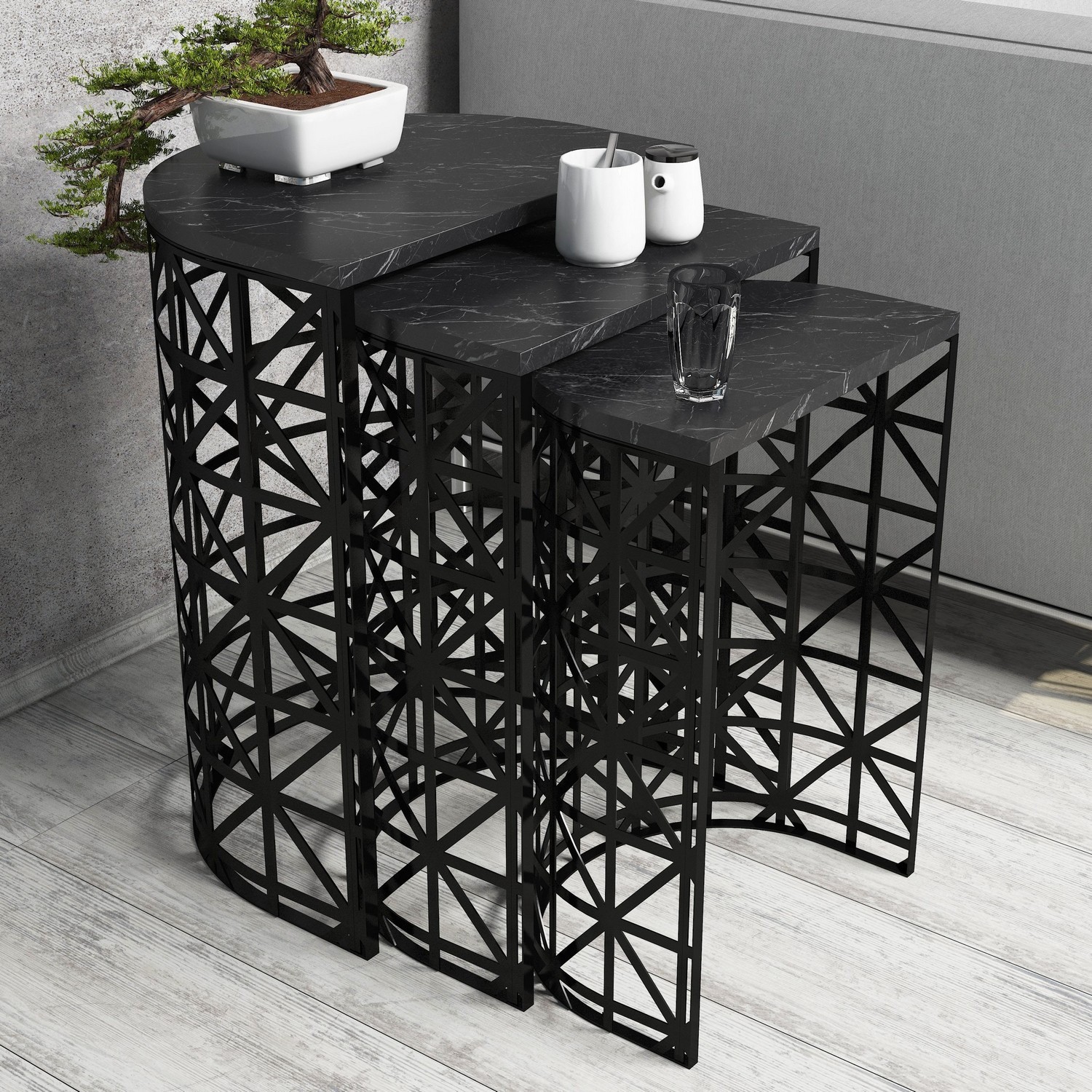 Hanah Home Комплет клуб маси, 3 парчиња Style Metal Porcelain Cream-Black