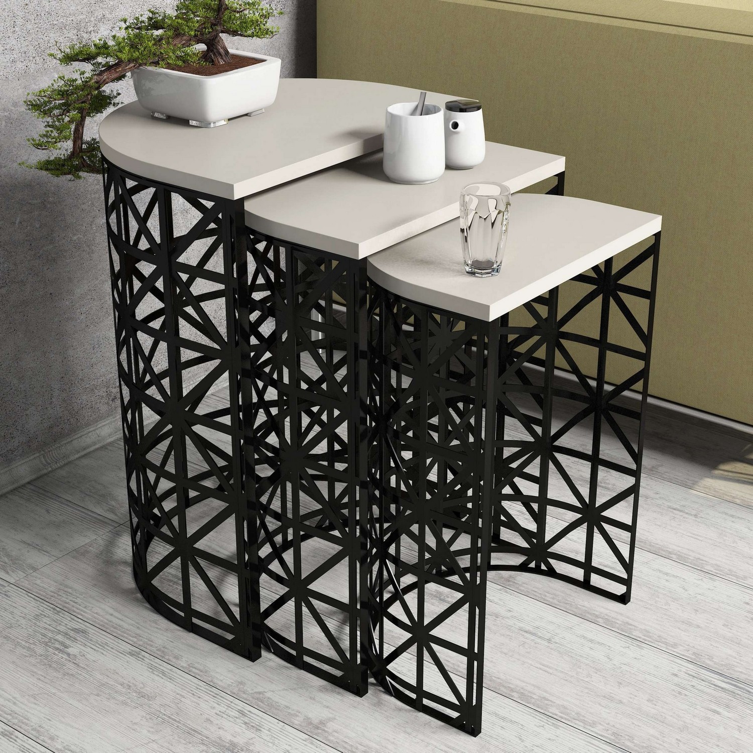 Hanah Home Комплет клуб маси, 3 парчиња Style Metal Porcelain Cream-Black