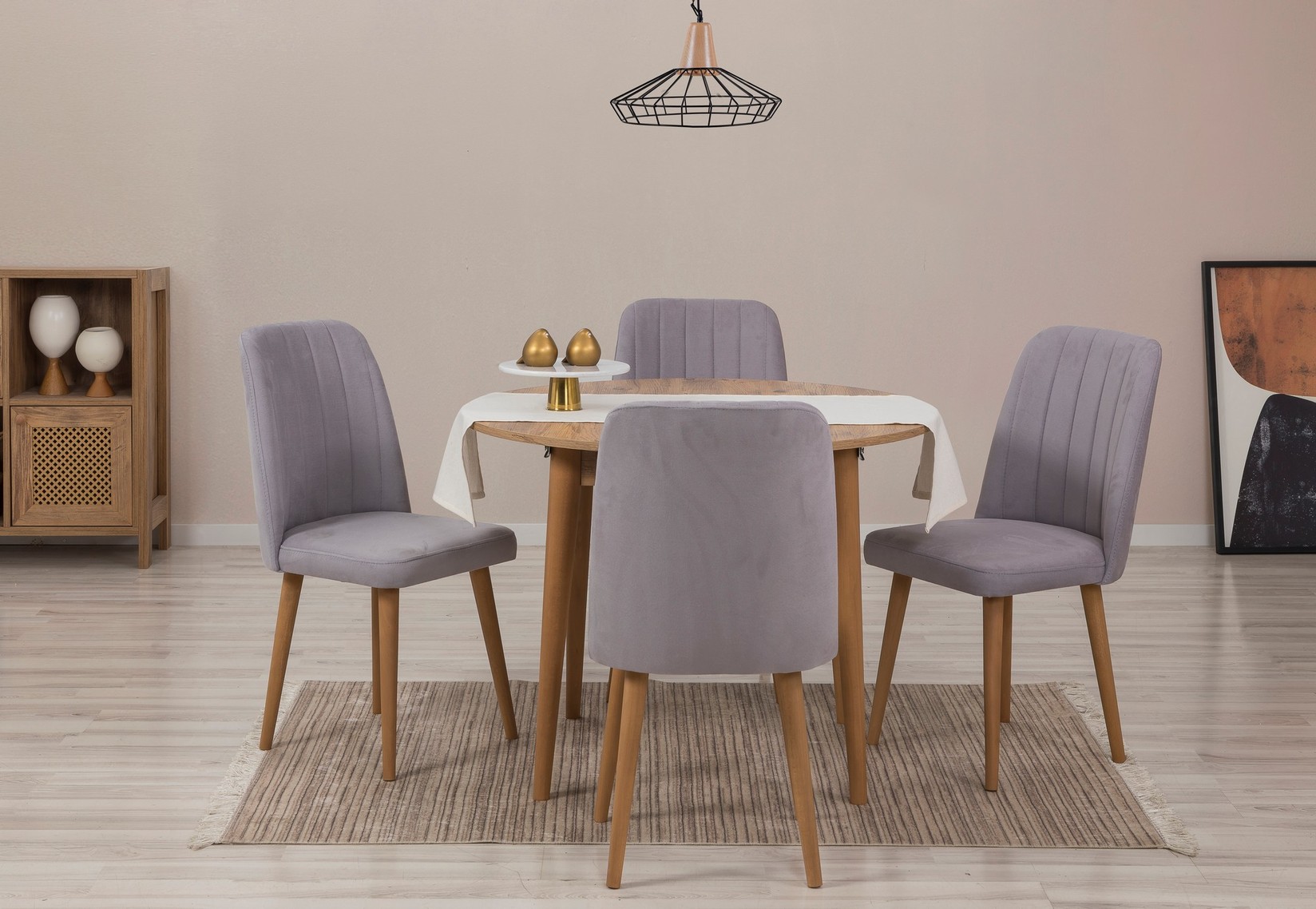 Hanah Home Комплет трпезариска маса, 2 трпезариски столчиња и 2 клупи Vina 0701 Беж-сива