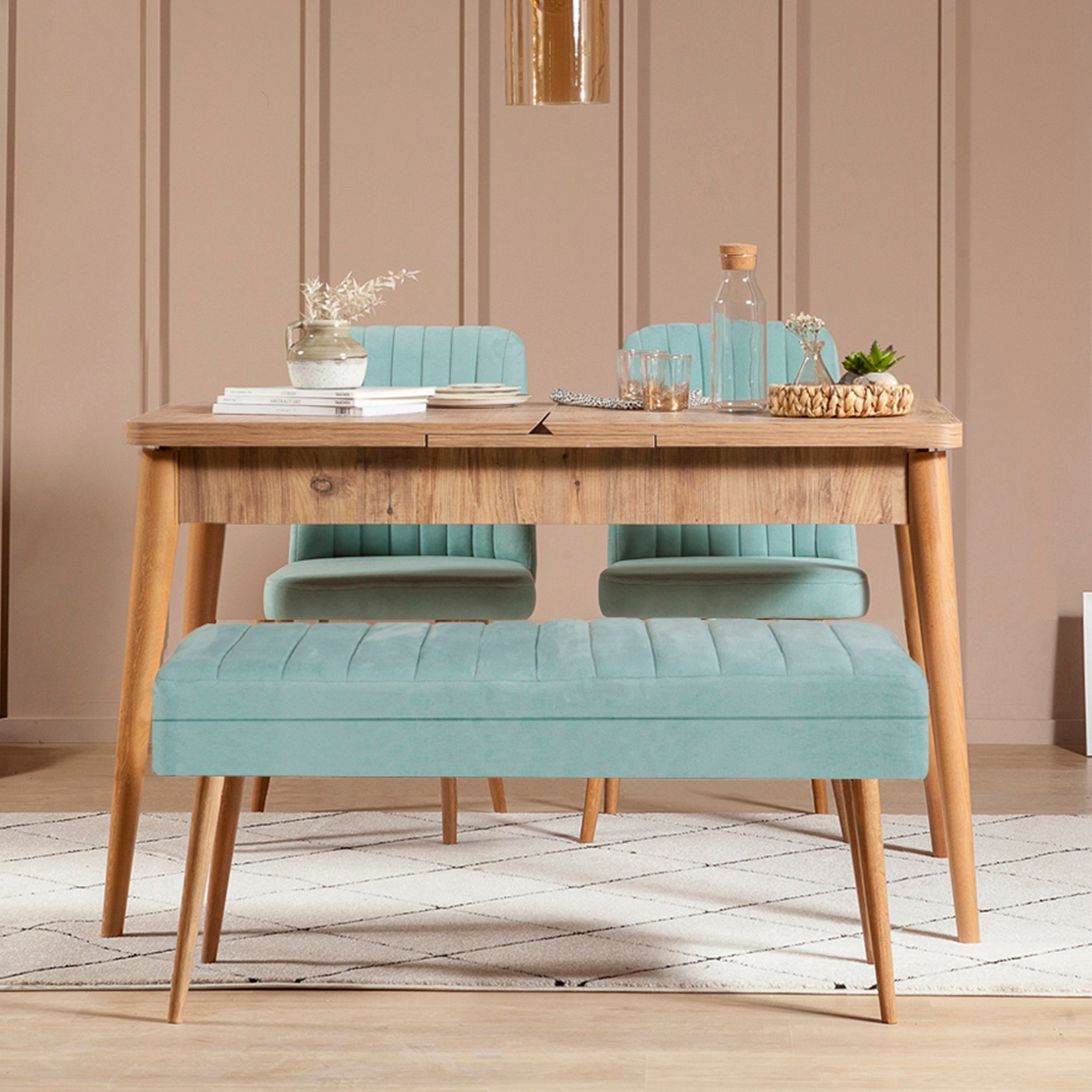 Hanah Home Комплет трпезариска маса, 2 трпезариски столчиња и клупа Vina 0701 Menta