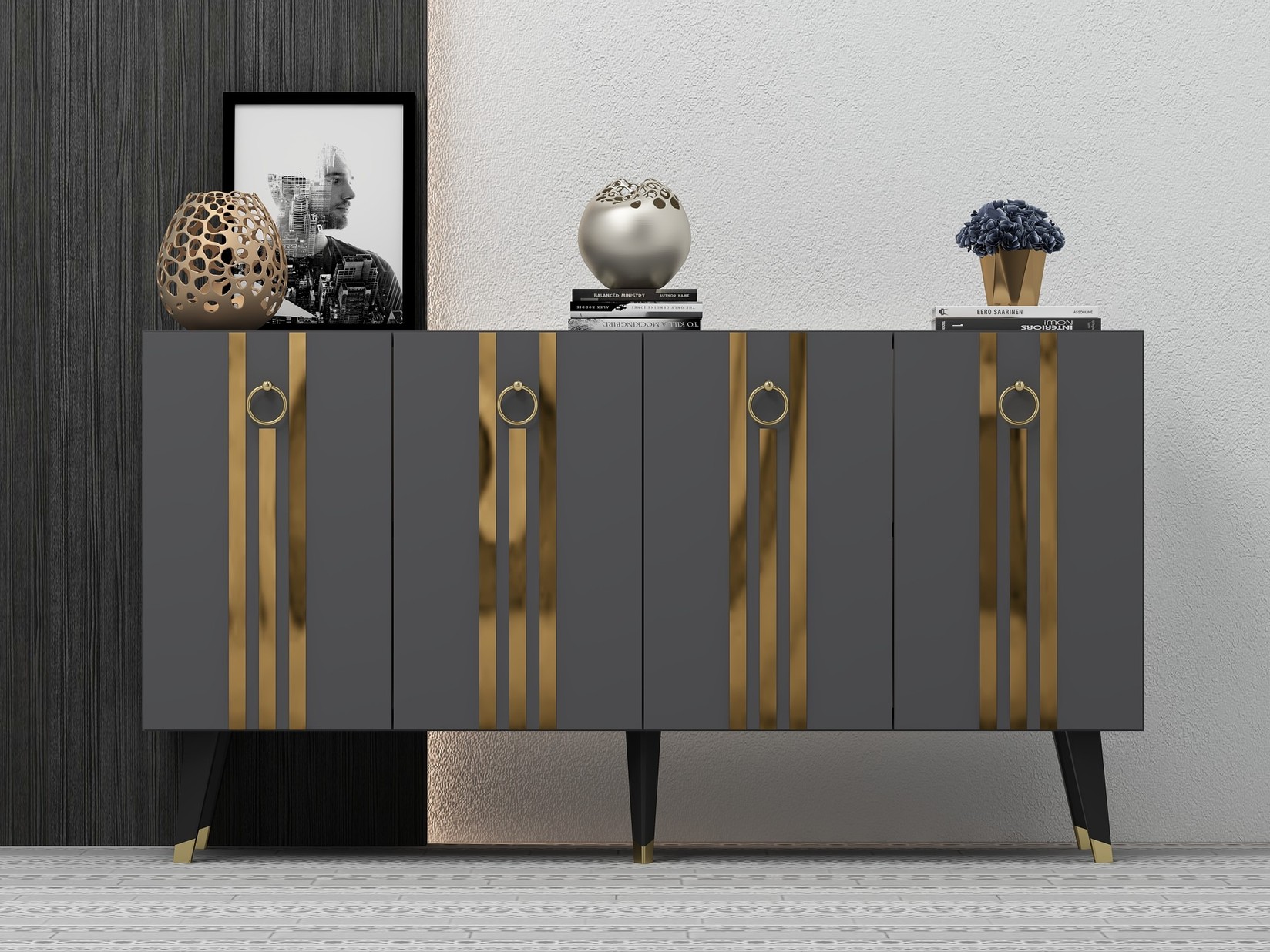 Комода Hanah Home Isil 150x80x40cm Антрацит-златна