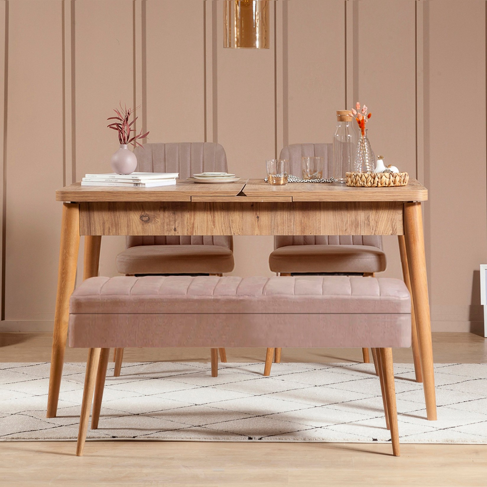 Hanah Home Комплет трпезариска маса, 2 трпезариски столчиња и клупа Vina 0701 Menta