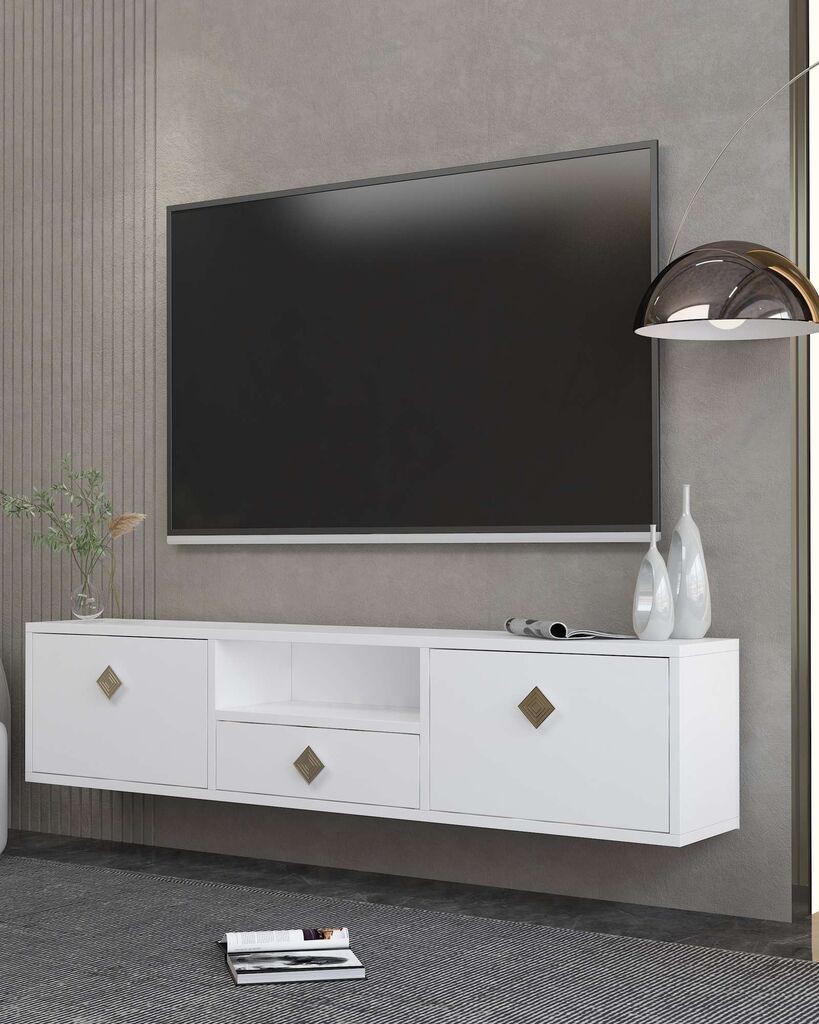 ТВ кабинет Hanah Home 1305-DROP-1, 140x30x30см, бело-златна