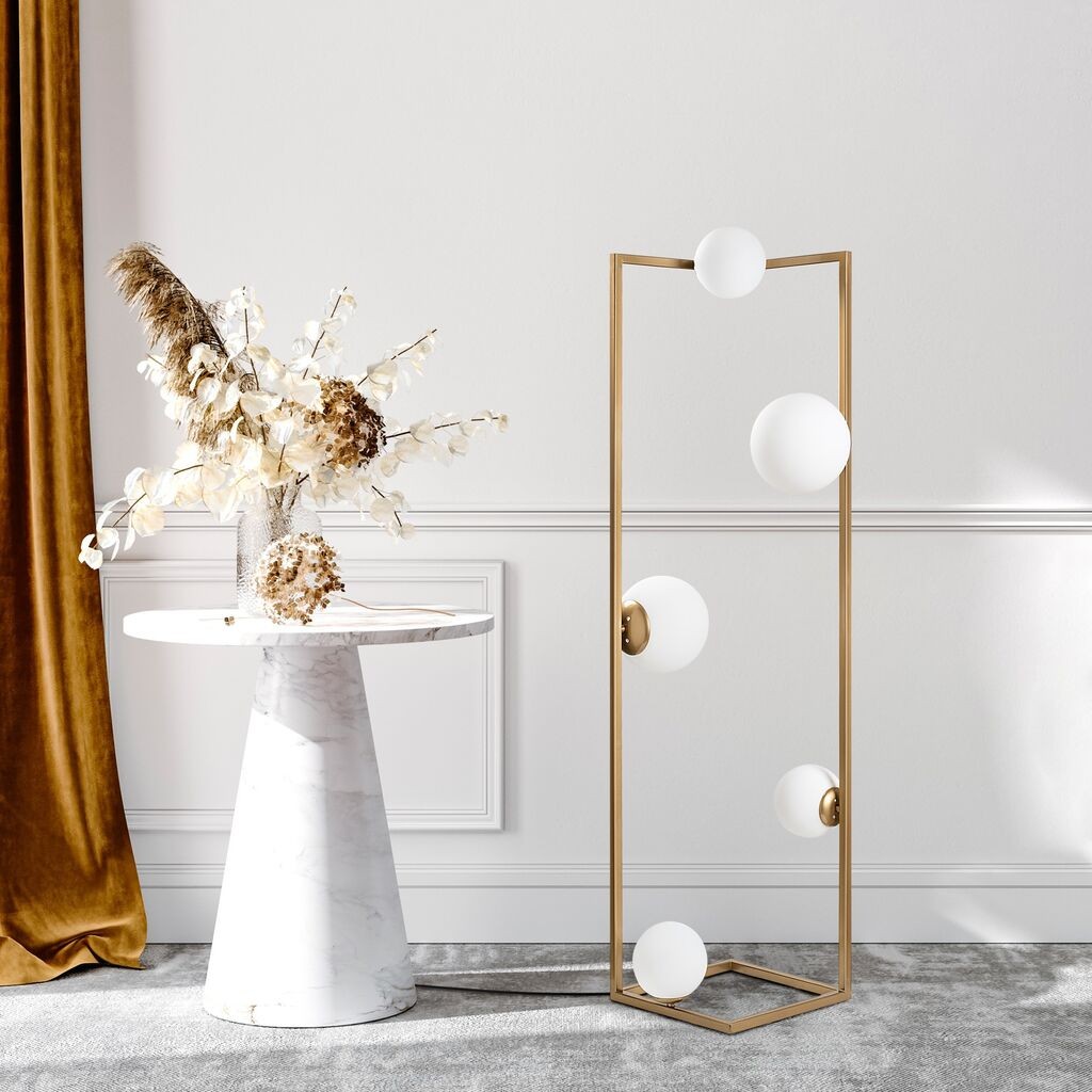 Opviq Подна ламба Аголна 13776, 35 x 35 x 157 см, 2 x E27 и 3 x E14 s, 250 см Кабел, Златни бои