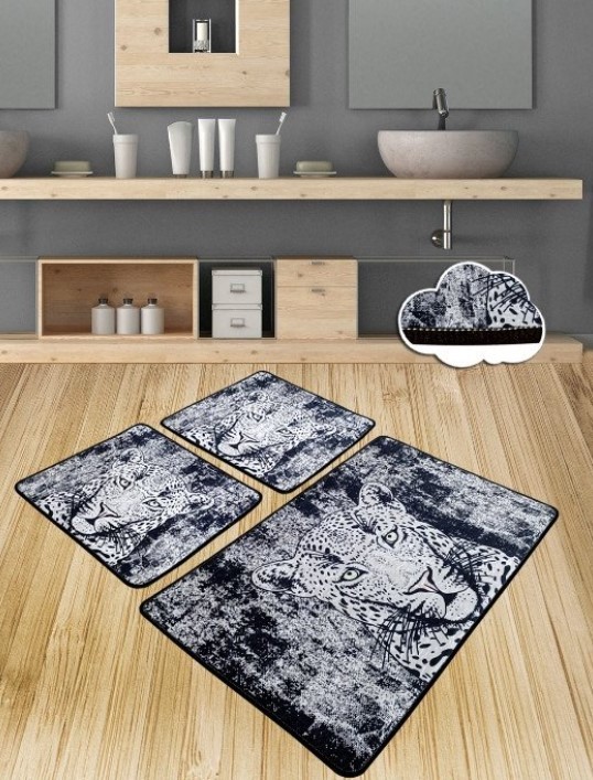 Простирка за бања L'essentiel Maison Tiger, 3 парчиња, Црно-сива