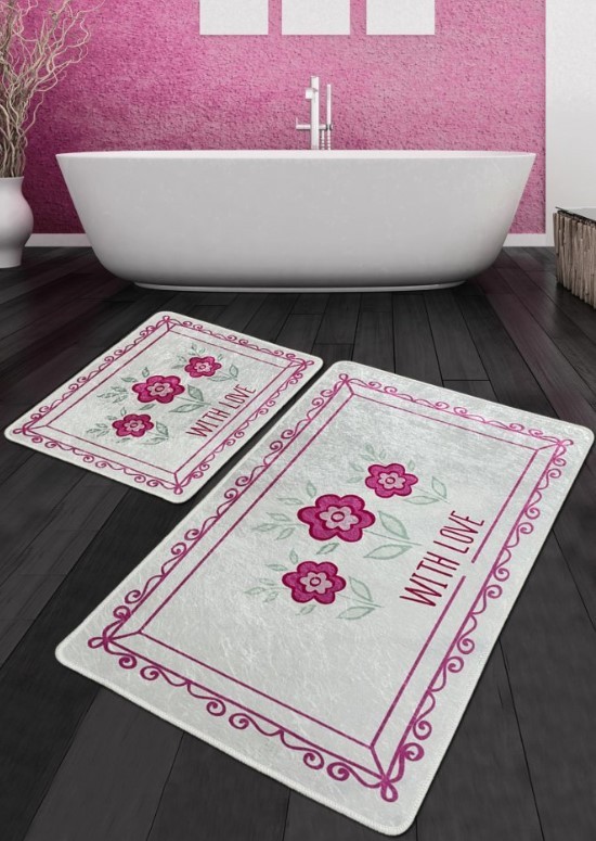 Подлога за бања L'essentiel Maison со цвет, 2 парчиња, сиво-розова