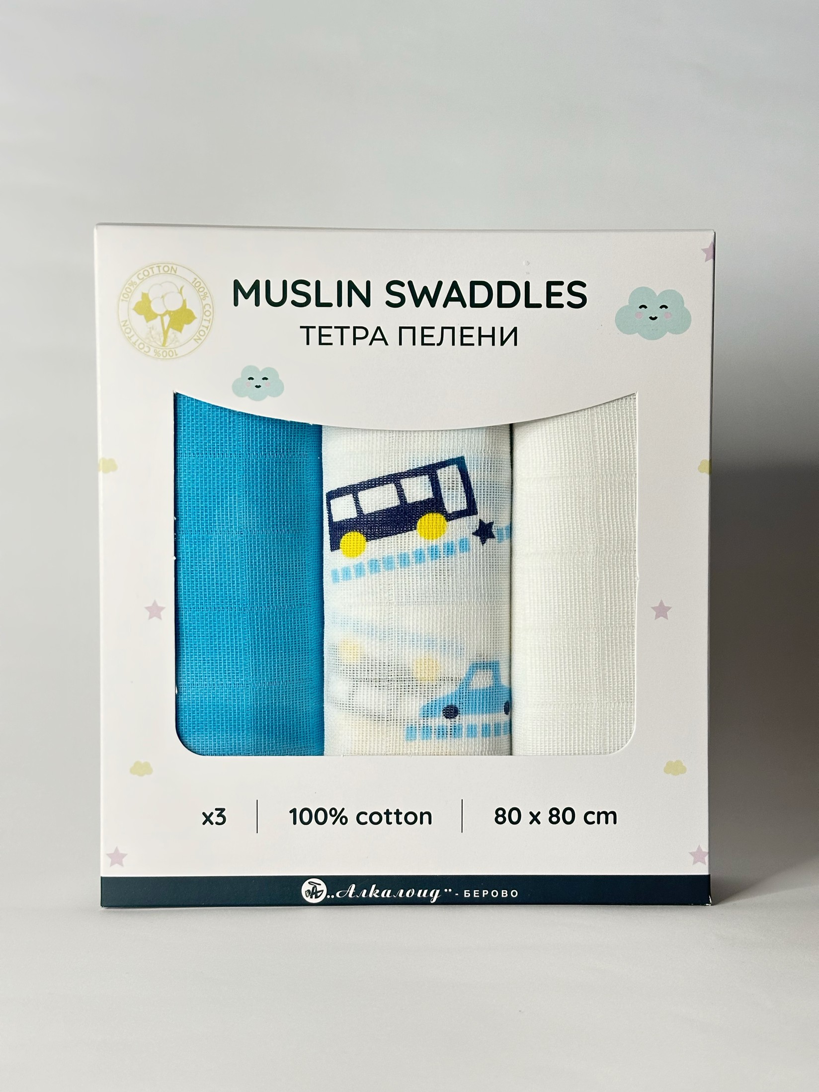 ALKALOID BEROVO Тетра пелени х3 80х80 100% памук - бела, сина, бела со автобуси