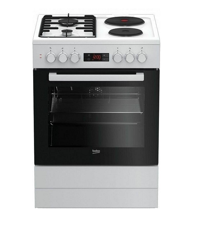 Комбиниран шпорет Beko FBE64320WDN, 2 плочи за готвење, 2 горилници, 66 л, бела боја