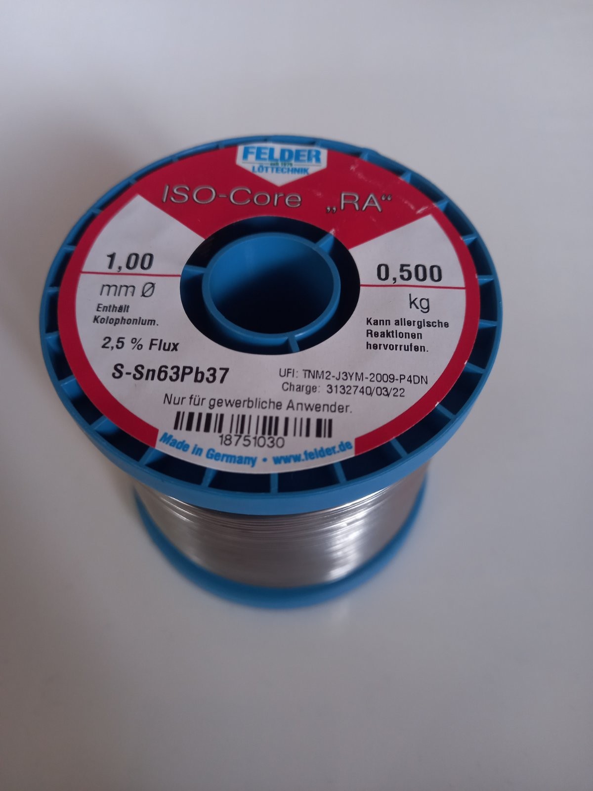 Felder Лемна Жица S-Sn63Pb37 2,5% Flux 1mm 0,5kg Ролна