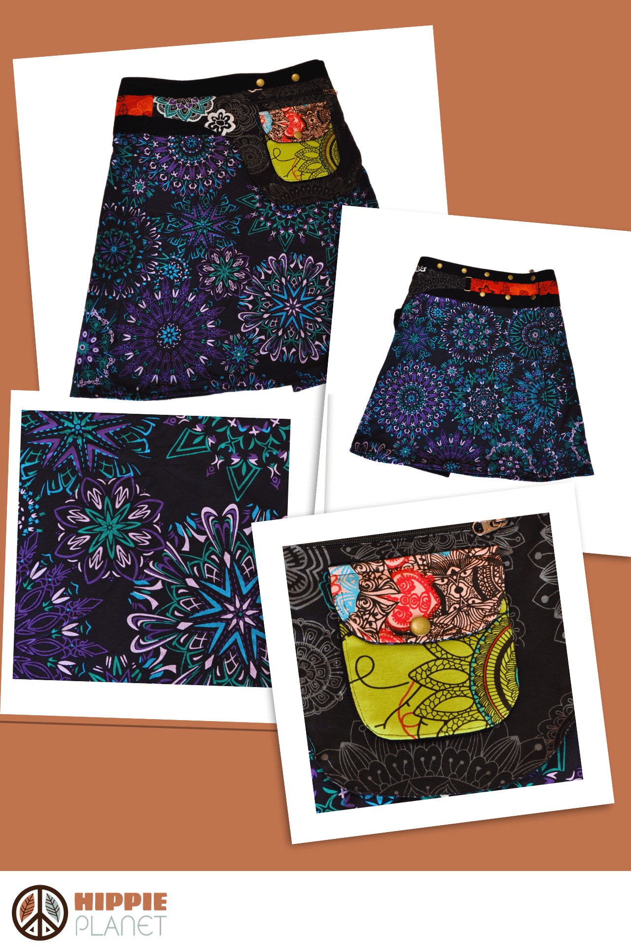 HIPPIE PLANET Миди памучно здолниште со џеб сличен на ташничка, црна - шарена