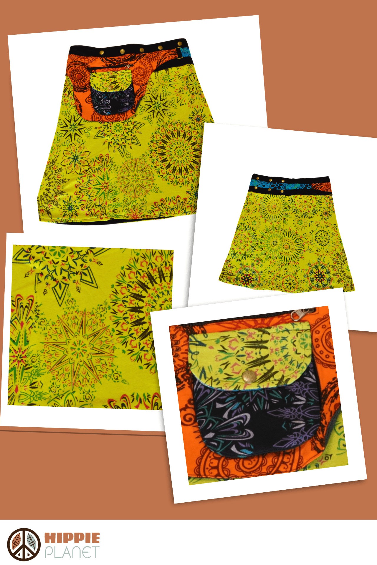 HIPPIE PLANET Миди памучно здолниште со џеб сличен на ташничка, жолта