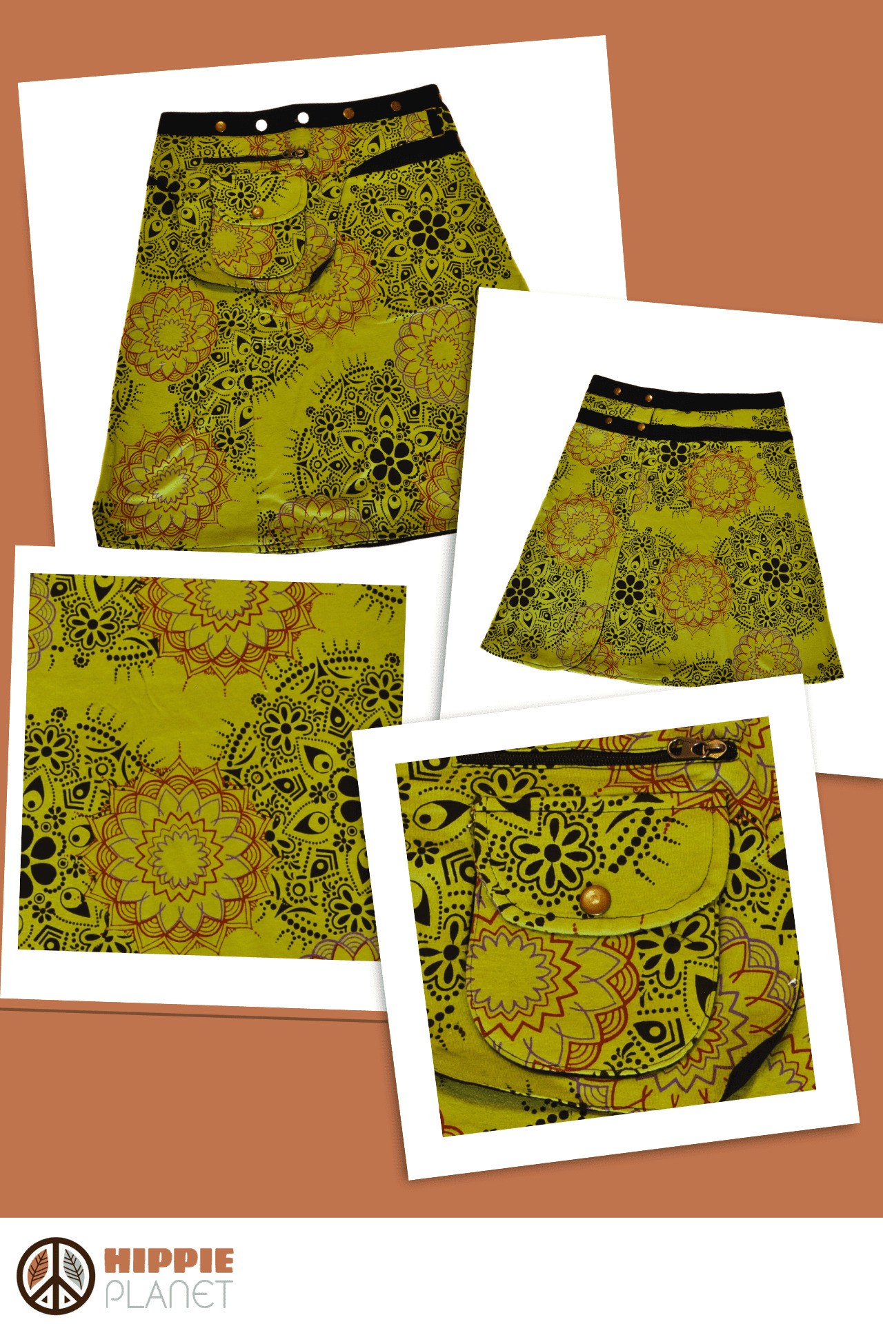 HIPPIE PLANET Миди памучно здолниште со џеб сличен на ташничка, зелена