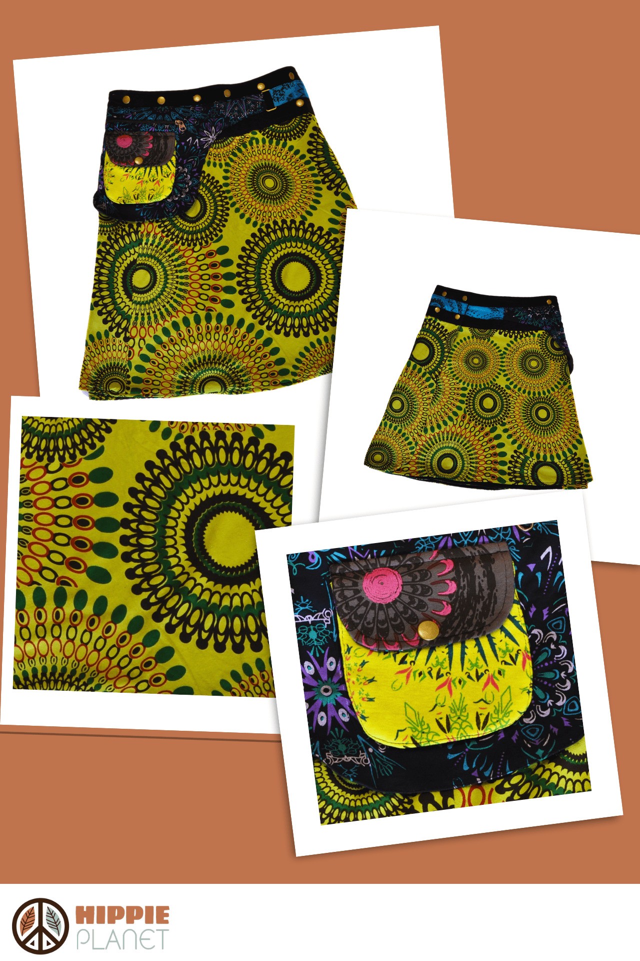 HIPPIE PLANET Миди памучно здолниште со џеб сличен на ташничка, зелена 1