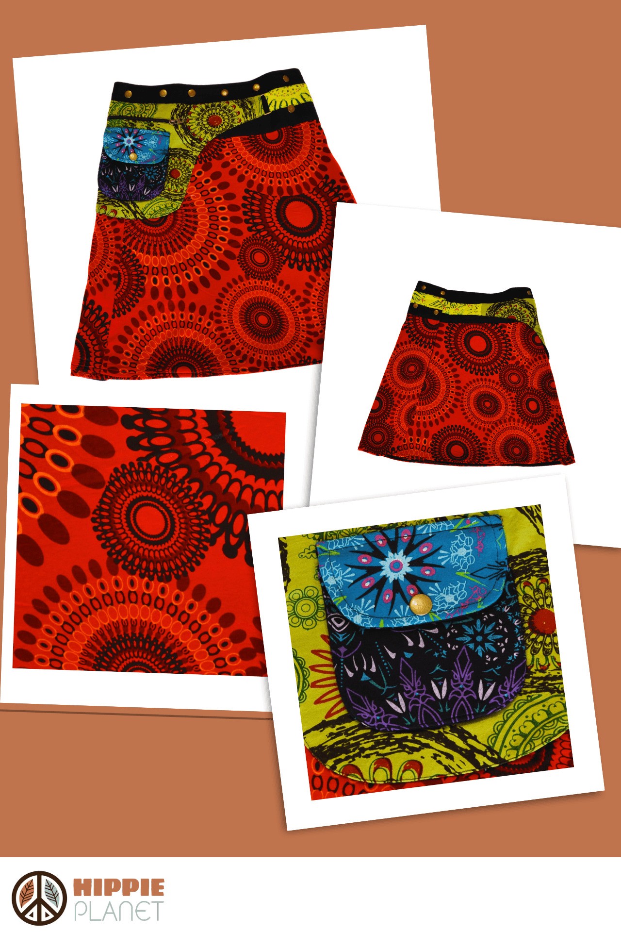 HIPPIE PLANET Миди памучно здолниште со џеб сличен на ташничка, црвена 2