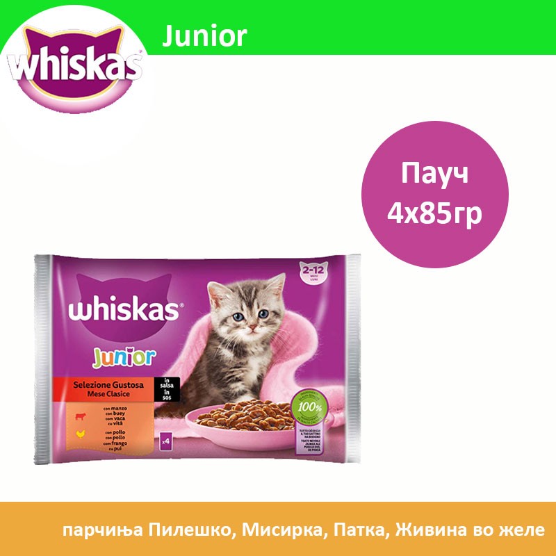 Whiskas Junior Влажна храна за Маченца во развој со Парчиња Пилешко, Мисирка, Патка, Живина во желе [Кесичка 4x85гр]