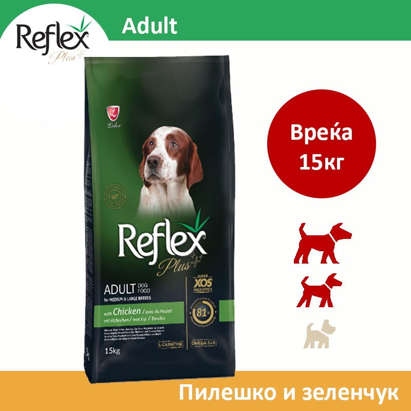 Reflex+ Adult Сува храна за Возрасни кучиња со Пилешко и зеленчук [Вреќа 15кг]