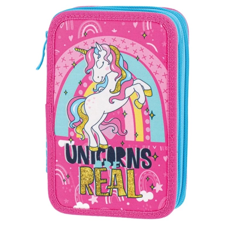 SAZIO Double Decker, Футрола за молив полна, 2 патенти, Еднорози вистински, Розеви