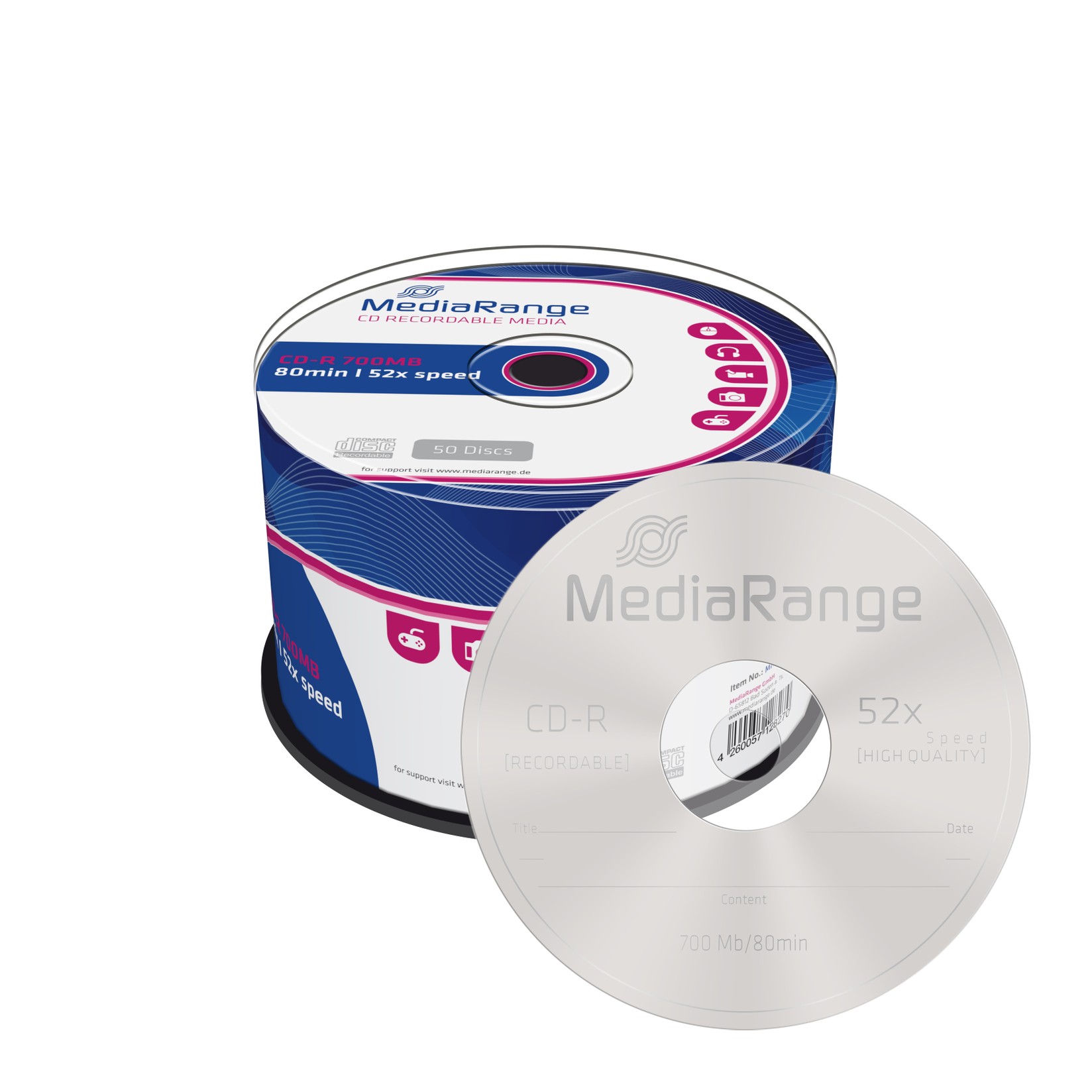 MEDIA RANGE CD-R, 700MB/80min, 52x Speed, Spindle, Сет 1/50, MR207