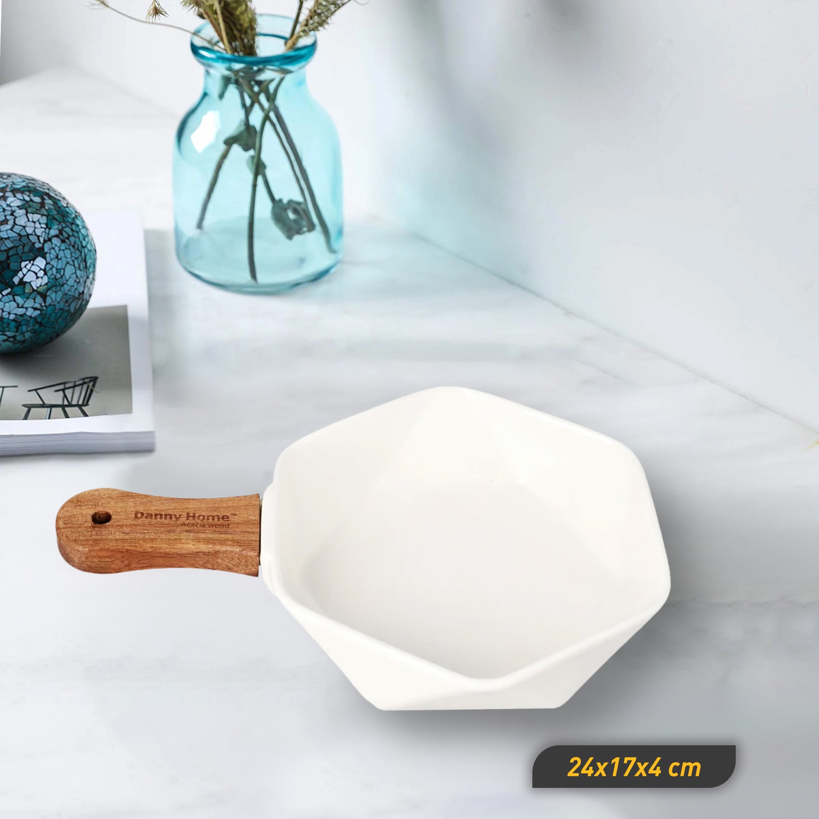 Порција за сервирање, ќерамичка со дрвена рачка