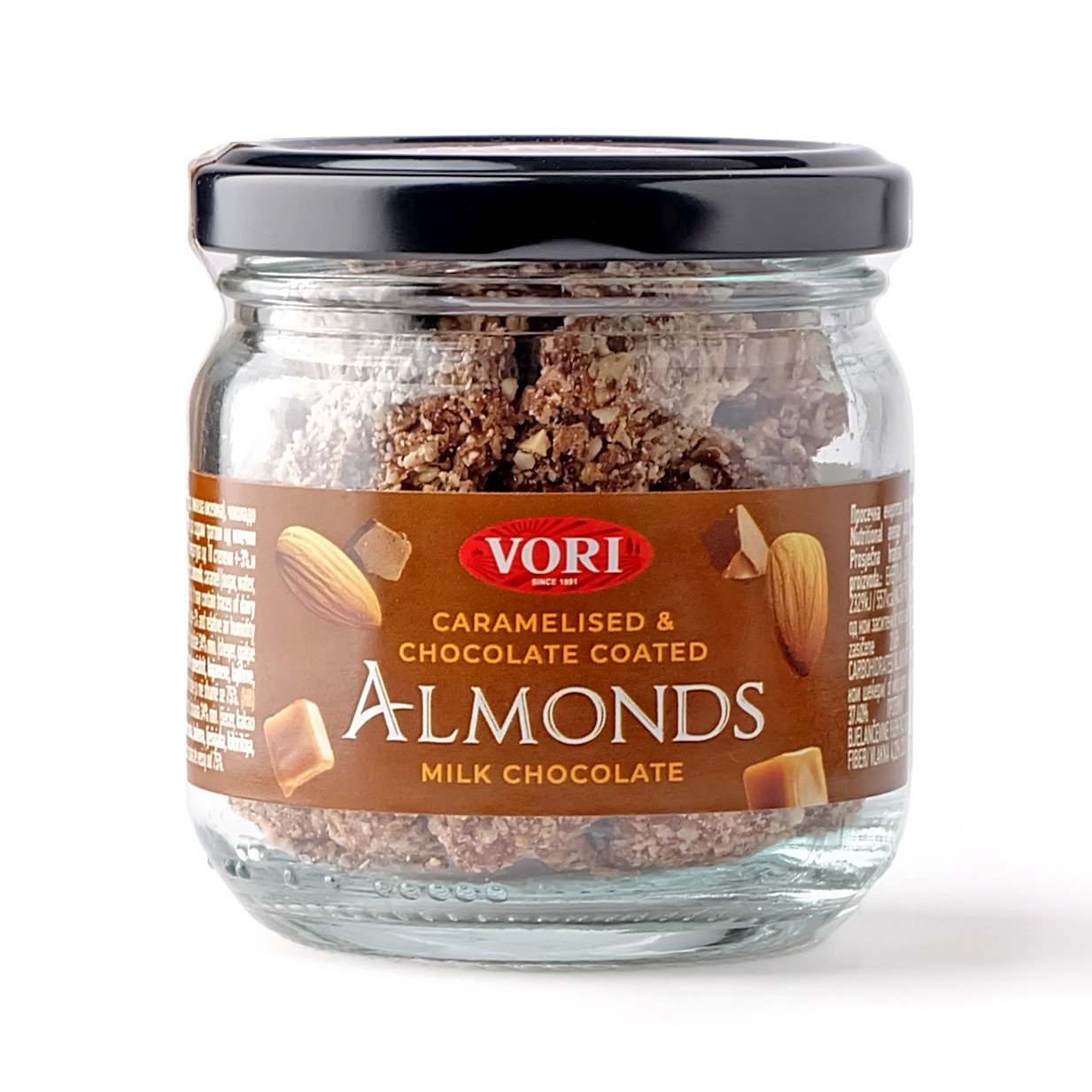 VORI'S DELICATESSEN Карамелизирани и чоколадирани бадеми во теглa (млечно чоколадо), 100 г