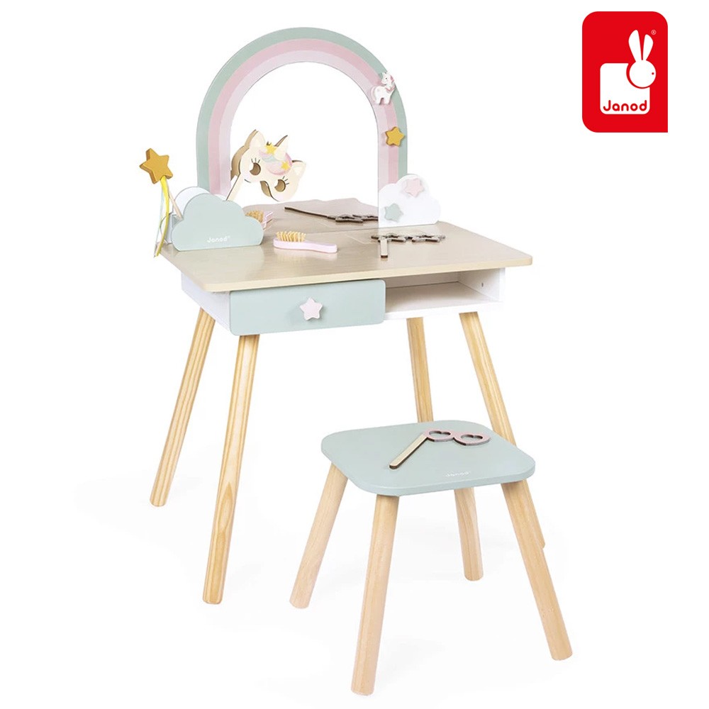 Janod Дрвена тоалетна масичка со додатоци, Еднорог