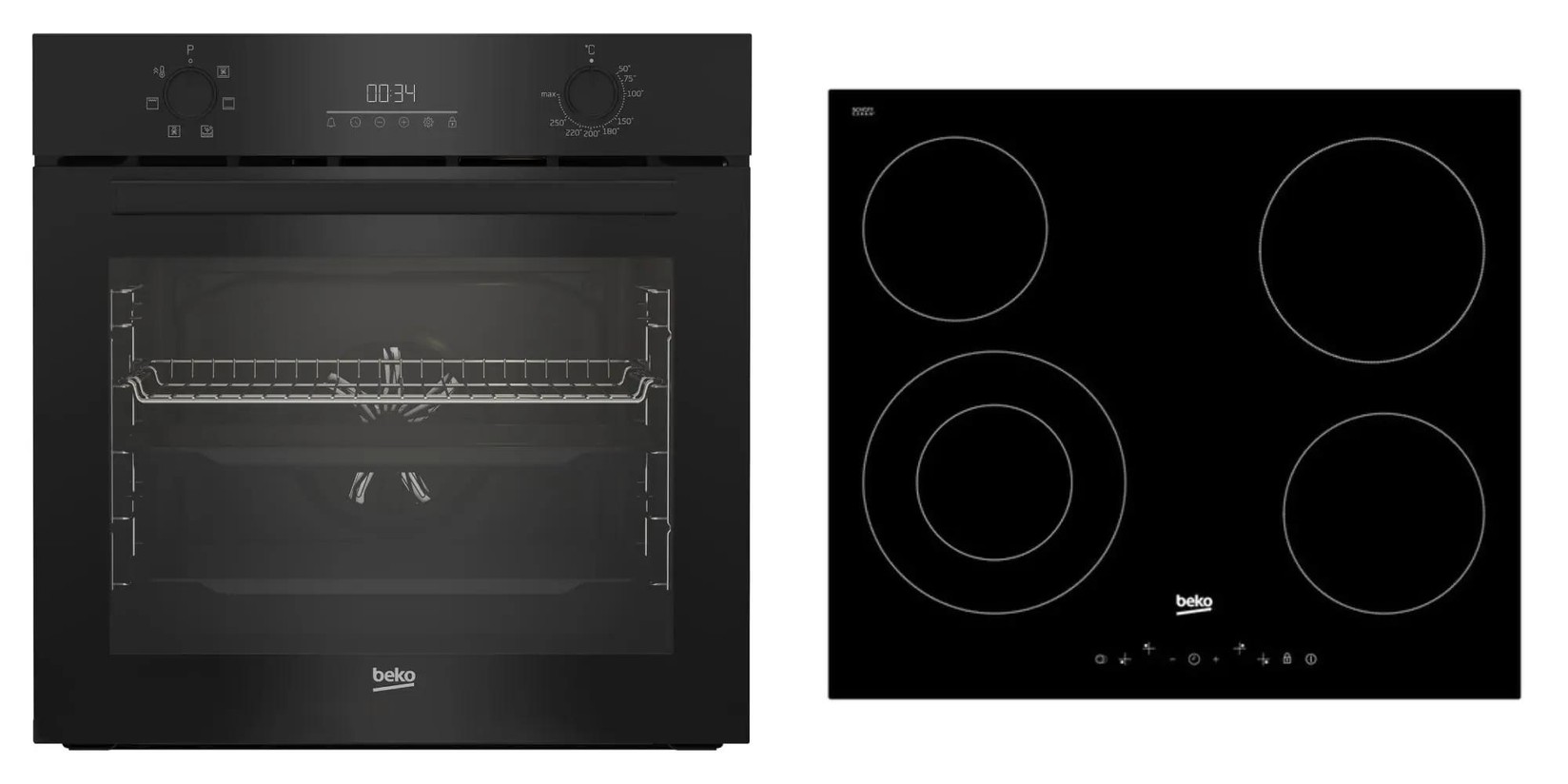 Вграден сет BEKO BBSE 17321 B, Стаклено-керамичка плоча за готвење и електрична рерна, 72 l, 4 електрични зони, црна