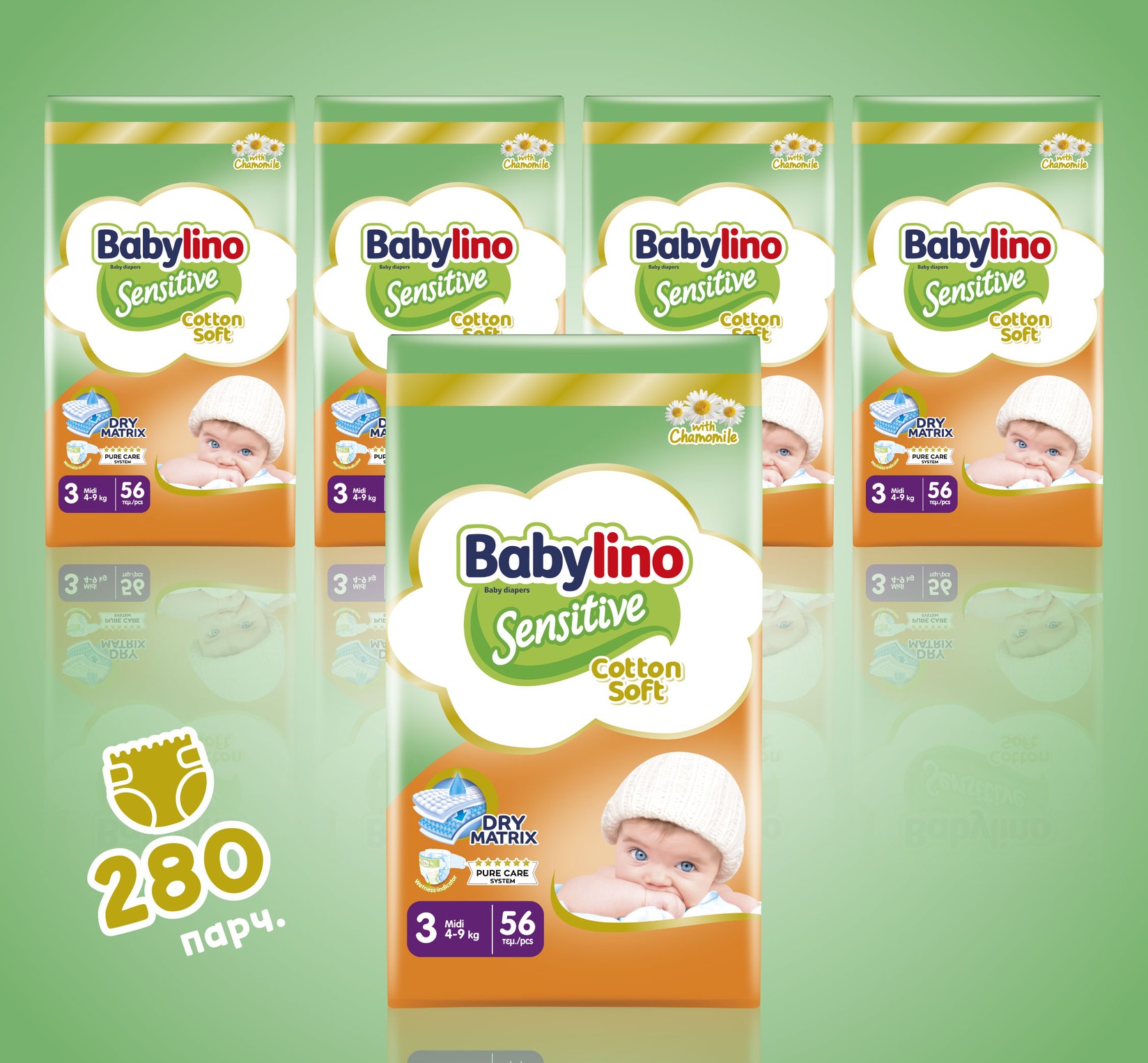 BABYLINO Сензитив Сет Пелени бр. 3, 56/1 (4+1) = 280 пелени вкупно