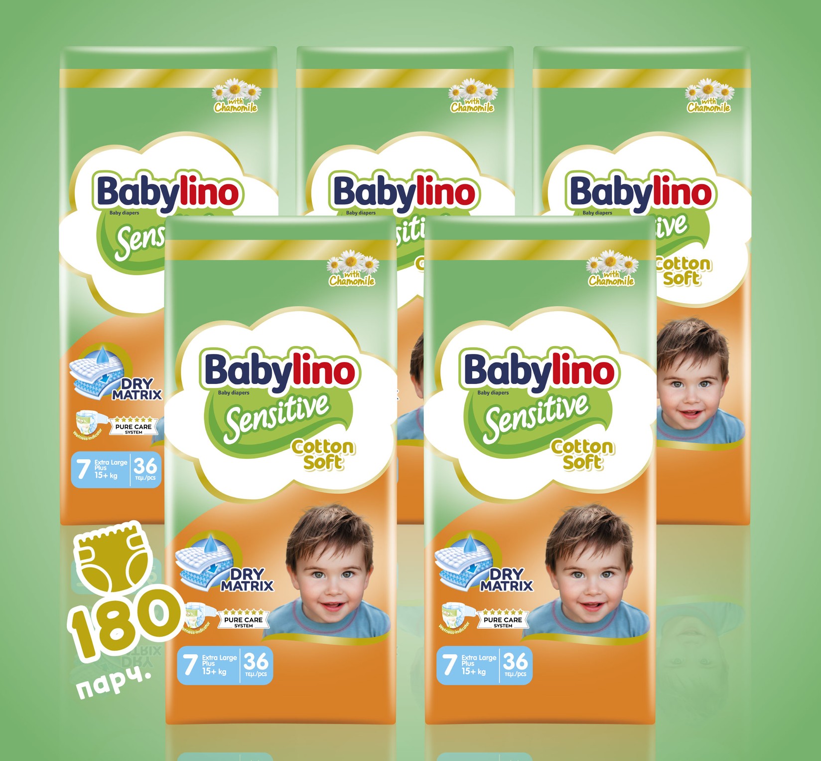 BABYLINO Сензитив Сет Пелени бр. 7, 36/1 (4+1) = 180 пелени вкупно