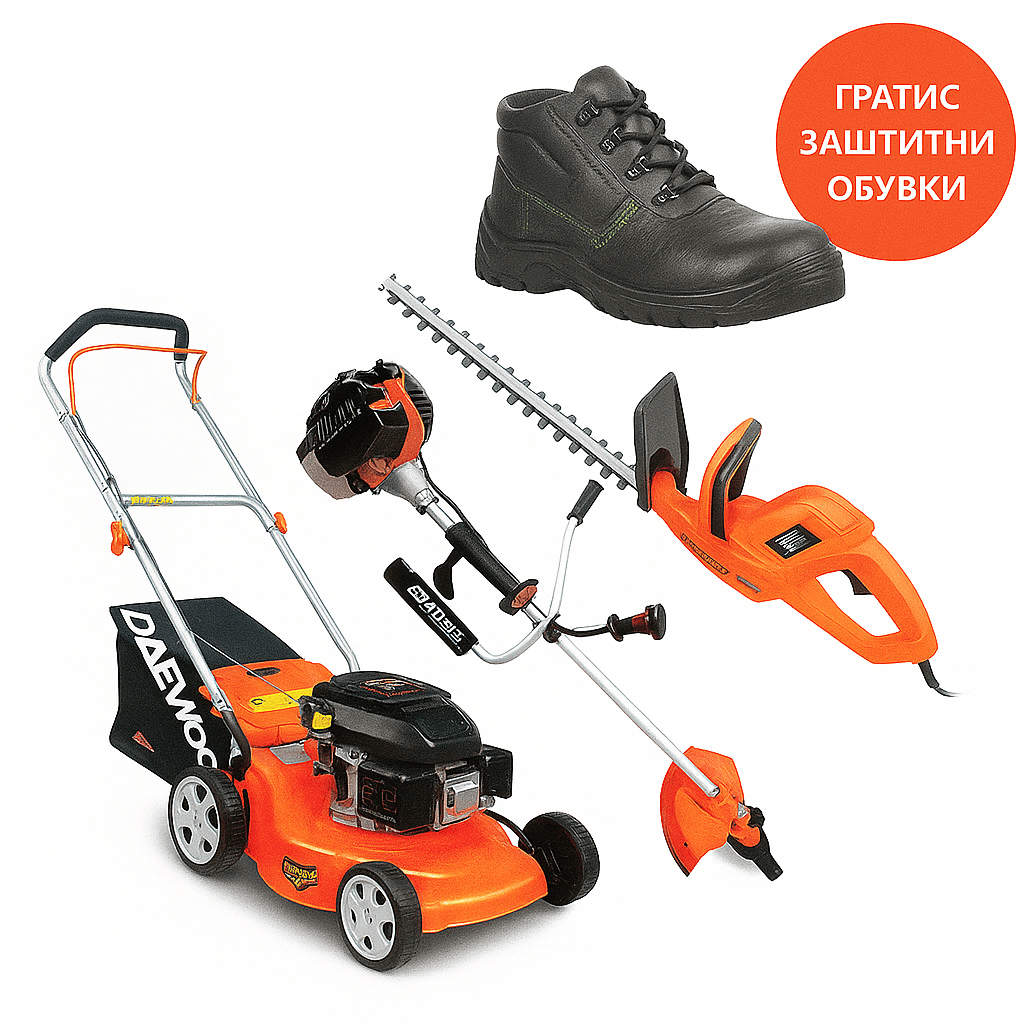 DAEWOO + RAPTER Сет бенз. Косилка 2.6kw, тример за трева 1.45w, тример за ограда + ГРАТИС HTZ Чизми