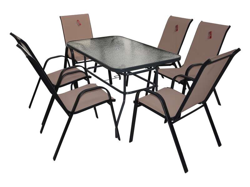 Verona Garden Градинарски сет – маса 140×80×70 cm со калено стакло + 6 столици (54×70×90 cm) со челична рамка и текстилен материјал, водоотпорен и УВ-отпорен