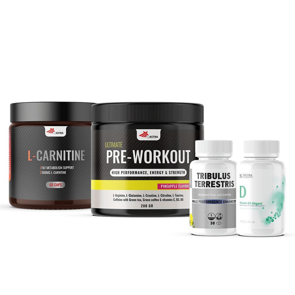 ADASTRA Сет 5/1 PRE WORKOUR 3*200ГР.+ Л КАРАНТИН ПОДАРОК ВИТАМИН Д 30КАП.+ТРИБУЛУС 60КАП.