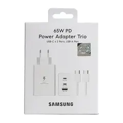 SAMSUNG Полнач PD 65W Trio 2x USB-c, USB Комплет со кабел бел