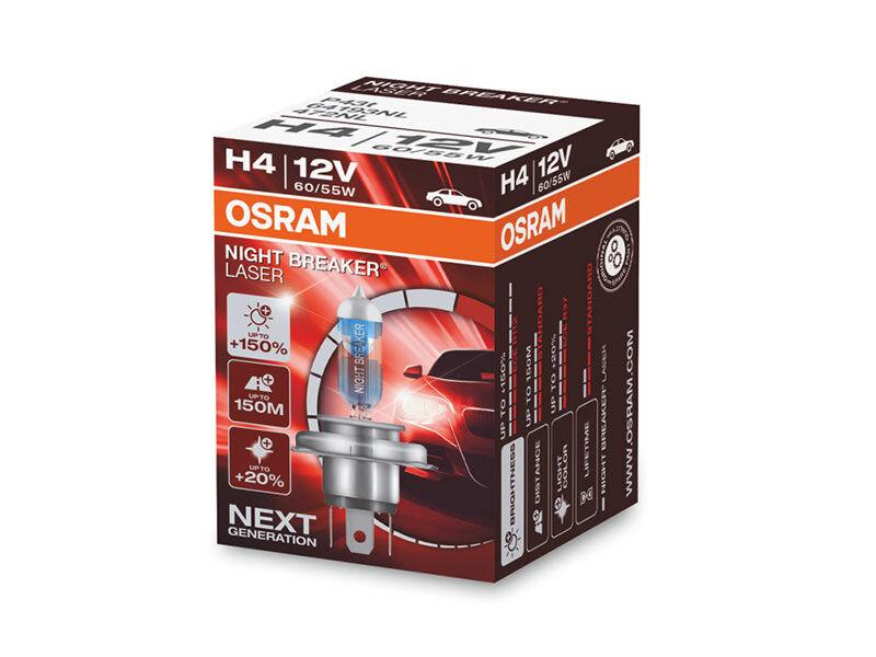 OSRAM Халогенска сијалица Osram H4 Night Breaker Laser +150% 12V, 60/55W, P14.5s, 1650/1000lm, 1 бр. во кутија
