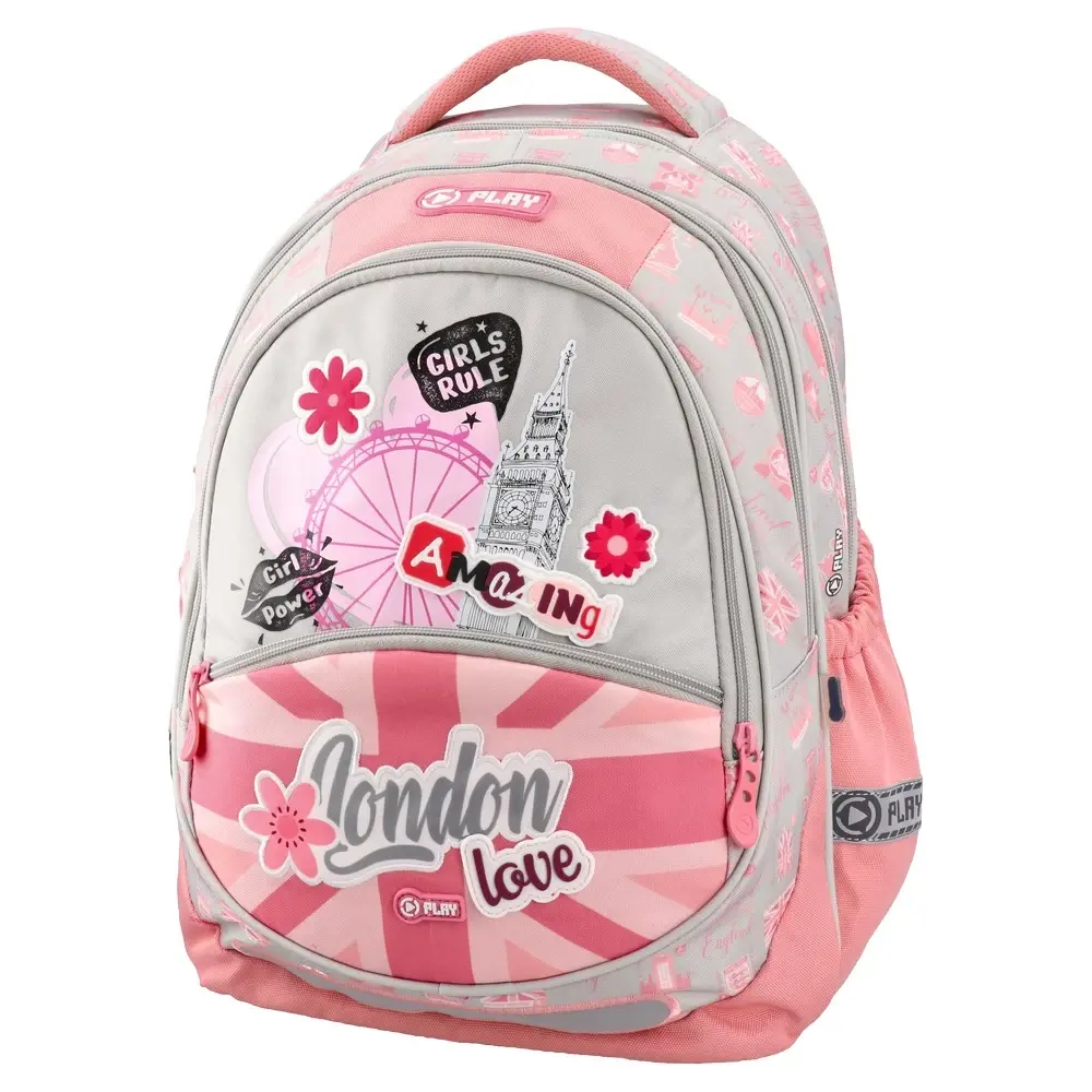 PLAY Ранец за девојчиња London Love Maxx, анатомски, 41 x 31 x 21 см, сиво-розов