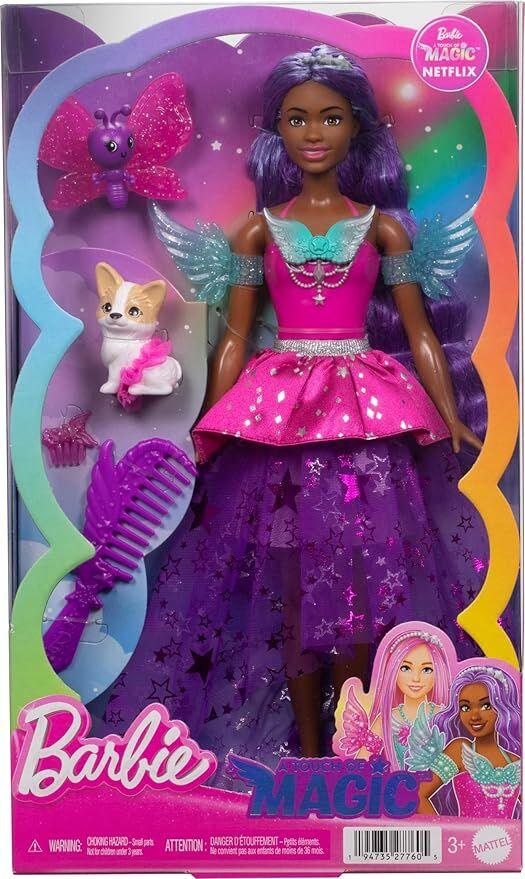 Barbie Кукла Brooklyn Touch of Magic со 2 Фантастични Миленичиња, Фустан и Долга Виолетова Коса