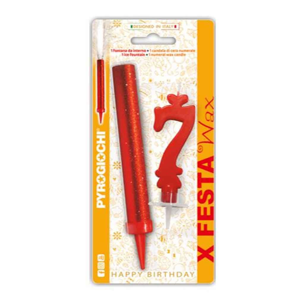 Pyrogiochi Прскалка + свеќа, За на торта, Број 7, 14,5цм,  X Festa, 41297,Црвена
