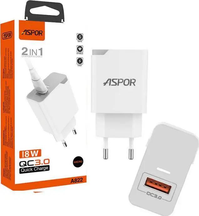 Aspor A822 Полнач 18w USB A + micro USB кабел