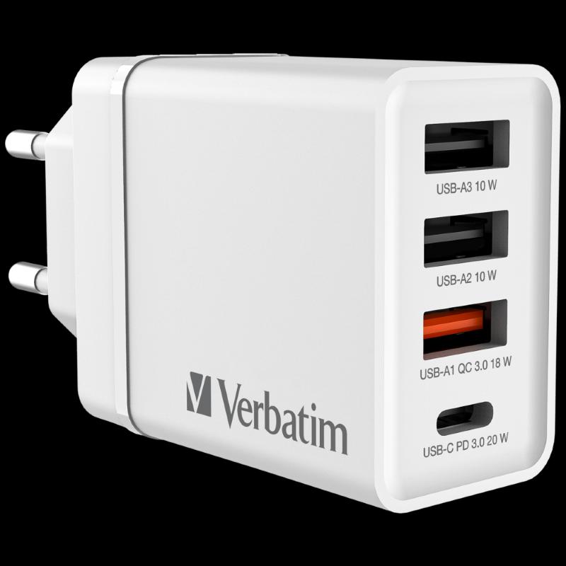 Verbatim USB Полнач 30W 4-Port USB Wall Charger 1 x USB-C PD 20W/1xUSB-A QC 3.0 18W/2 x USB-A 10W за сите типови