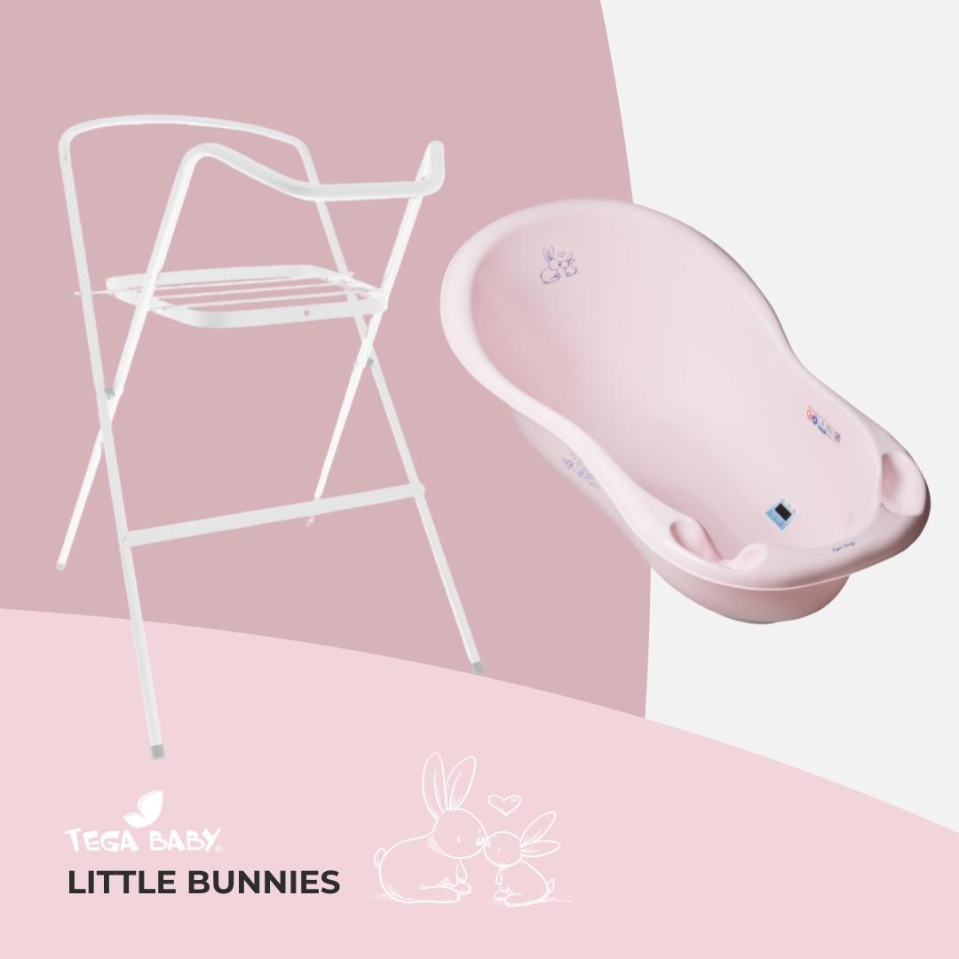 Tega Сет од  Метален држач за када со корпа 102cm и  Baby Када 102цм со испуст little bunnies Розева