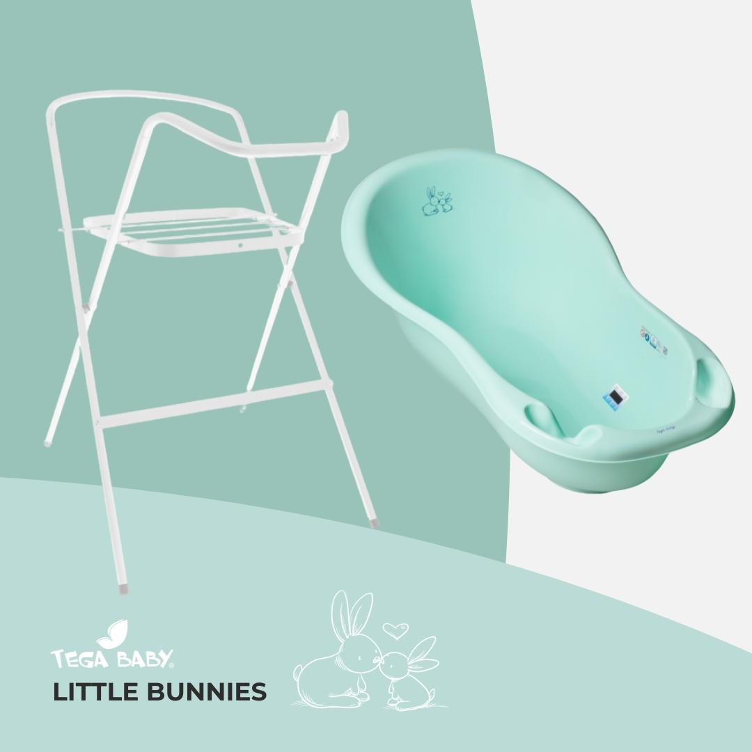 Tega Сет од  Метален држач за када со корпа 102cm и  Baby Када 102цм со испуст little bunnies Зелена