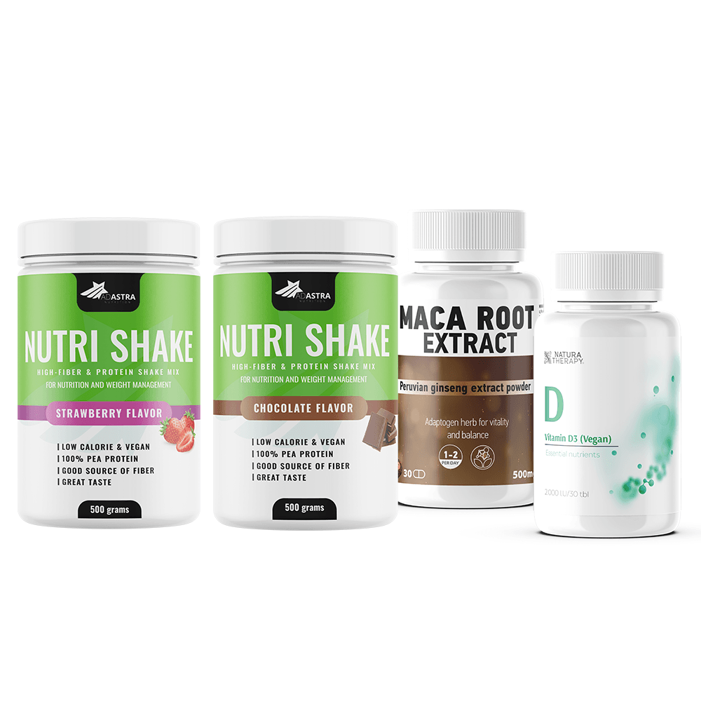 ADASTRA SET 4/1 НУТРИ ШЕЈК 2*ЧОКОЛАДО + 2*ЈАГОДА ПОДАРОК ВИТАМИН Д3 30КАП. + МАКА 30ТАБЛ.+