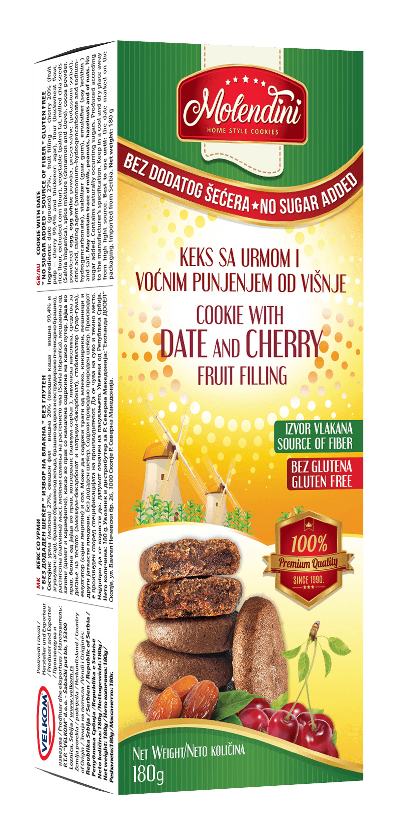 MOLENDINI Без глутенски Кекс со урми и овошен фил од вишни - 180г.